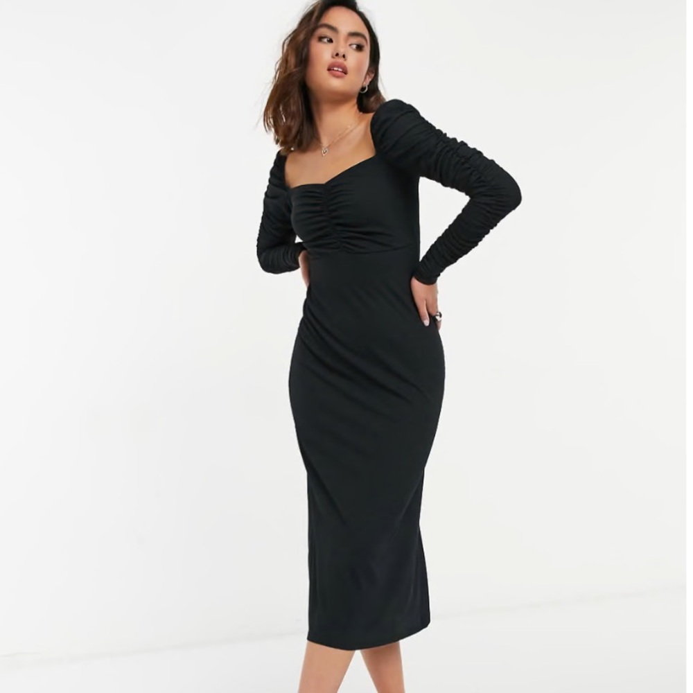 NWT Topshop Black Ribbed Ruched Long Sleeve Midi Dress. Size US 2. Stretchy!